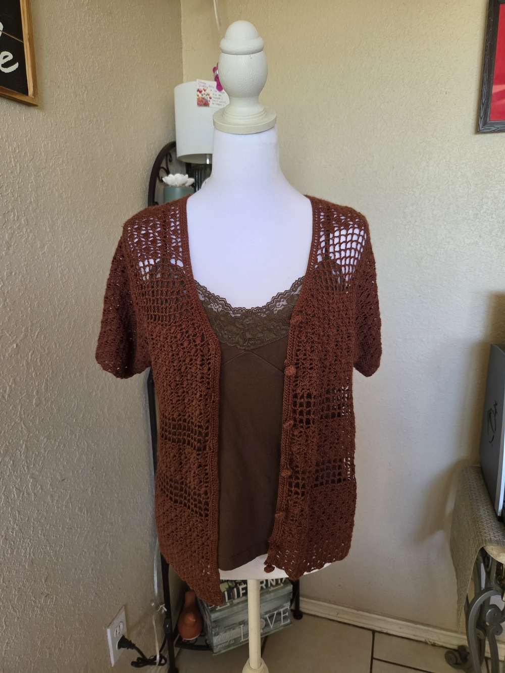 Clio Rust Brown Crochet Open-Knit Short Sleeve Cardigan